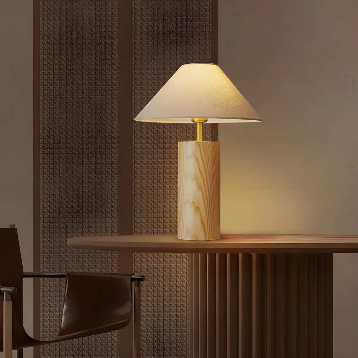 Simple Tapered Fabric Shade Column Wooden Table Lamp Image - 5