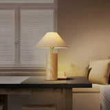 Simple Tapered Fabric Shade Column Wooden Table Lamp Image - 6