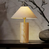 Simple Tapered Fabric Shade Column Wooden Table Lamp Image - 9