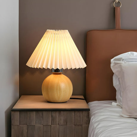 Simple Umbrella Pleated Wooden Globe Base Table Lamp Image - 1