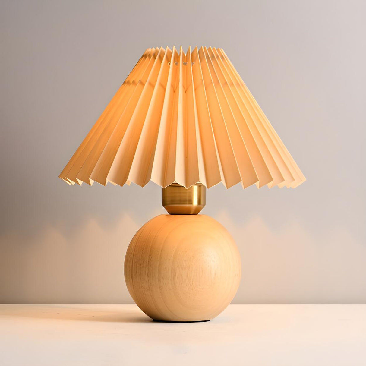 Simple Umbrella Pleated Wooden Globe Base Table Lamp Image - 2