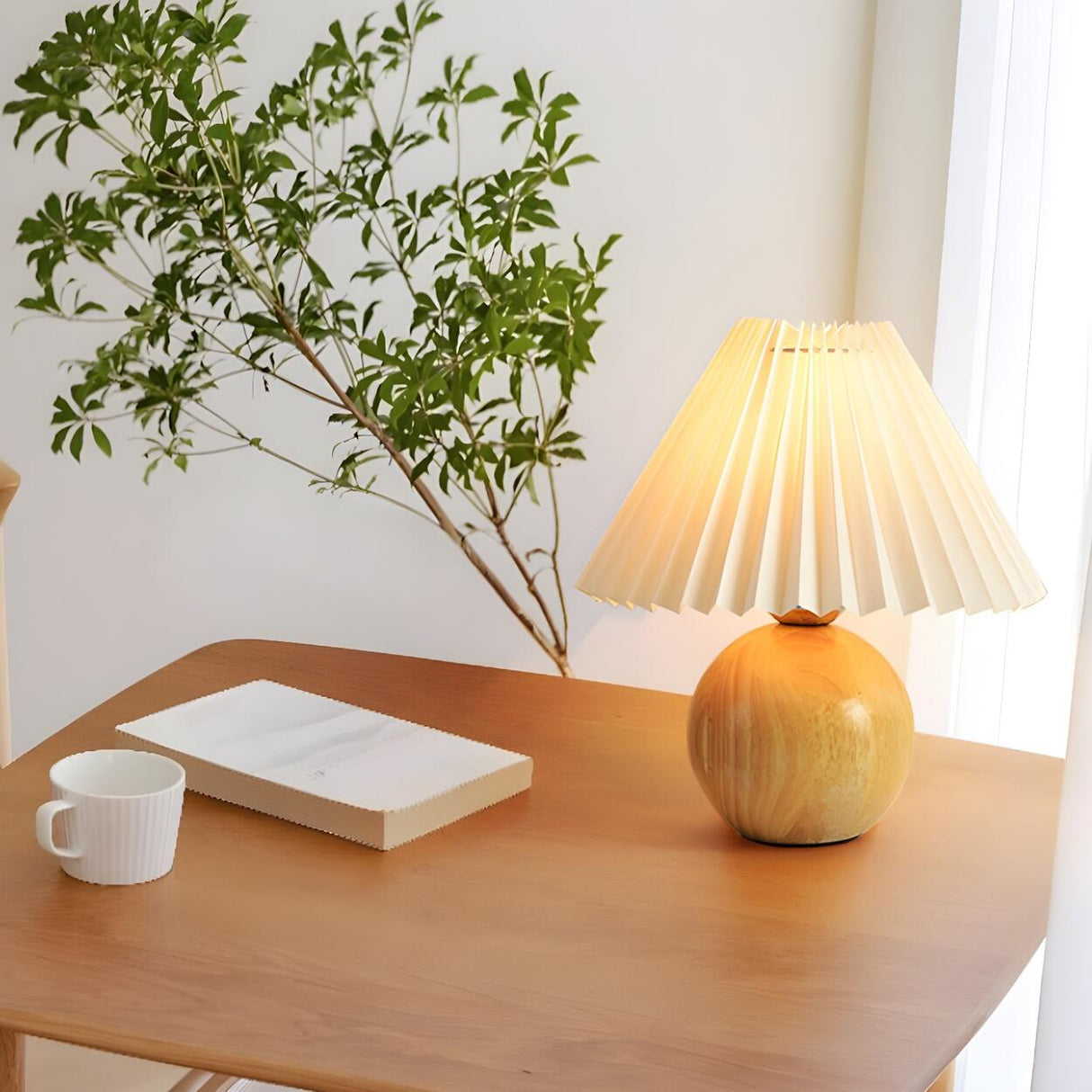 Simple Umbrella Pleated Wooden Globe Base Table Lamp Image - 5