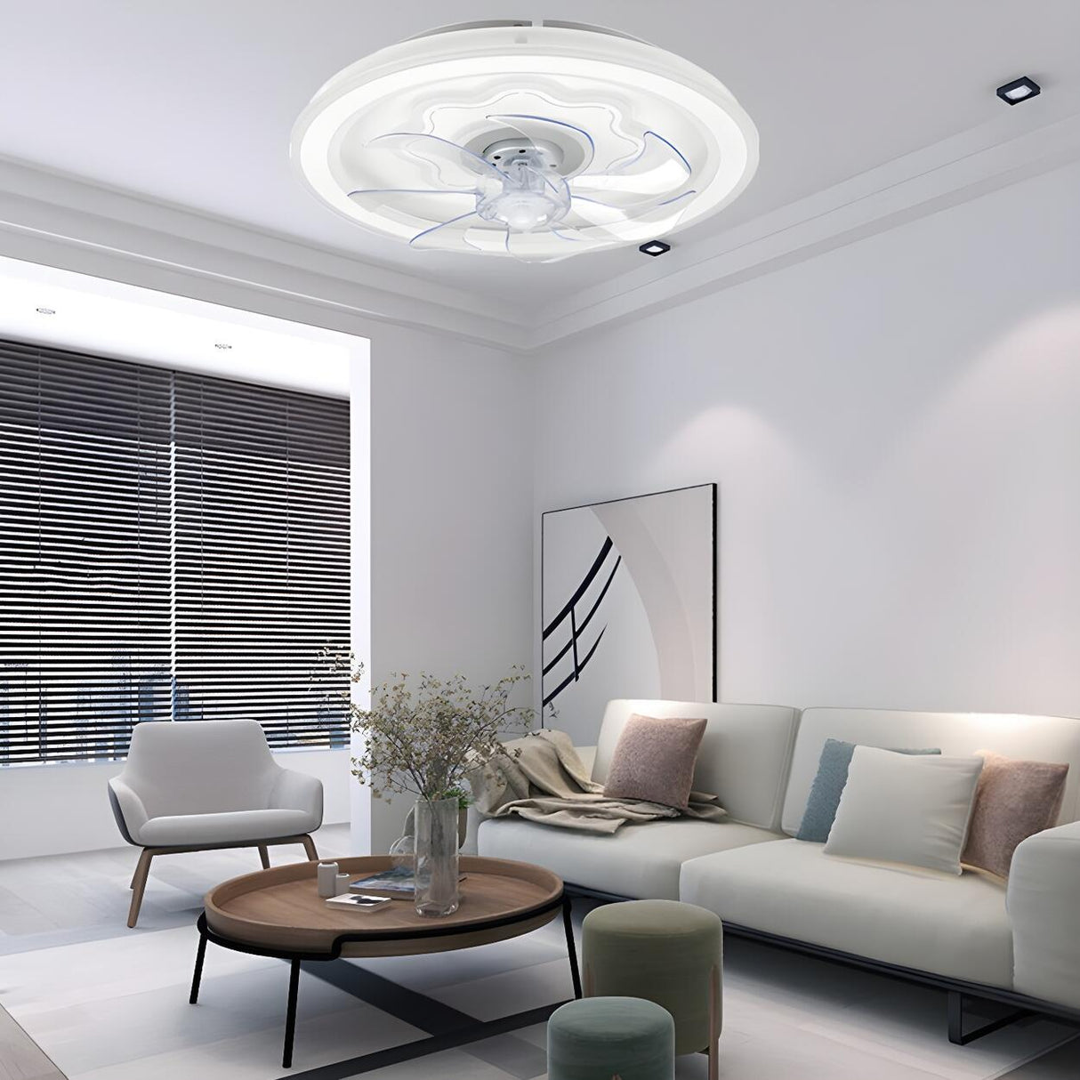 Simple White 7-Blade Modern LED Ceiling Fan with Light Image - 2