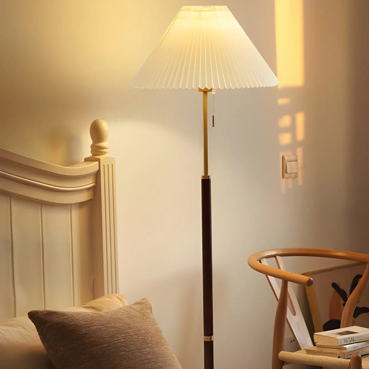 Simple White Cone Wooden Floor Lamp with Pull Chain Image - 2