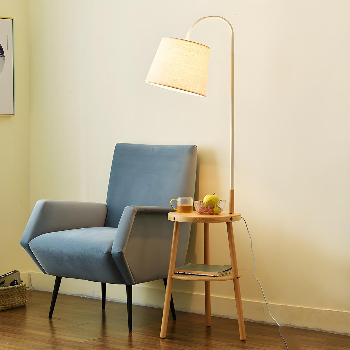 Simple White Cylinder Wooden Side Table Floor Lamp Image - 1