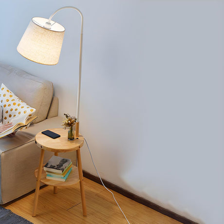 Simple White Cylinder Wooden Side Table Floor Lamp Image - 2