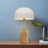 Simple White Dome Cylindrical Wooden Base Table Lamp Image - 1