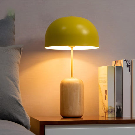 Simple White Dome Cylindrical Wooden Base Table Lamp Image - 2