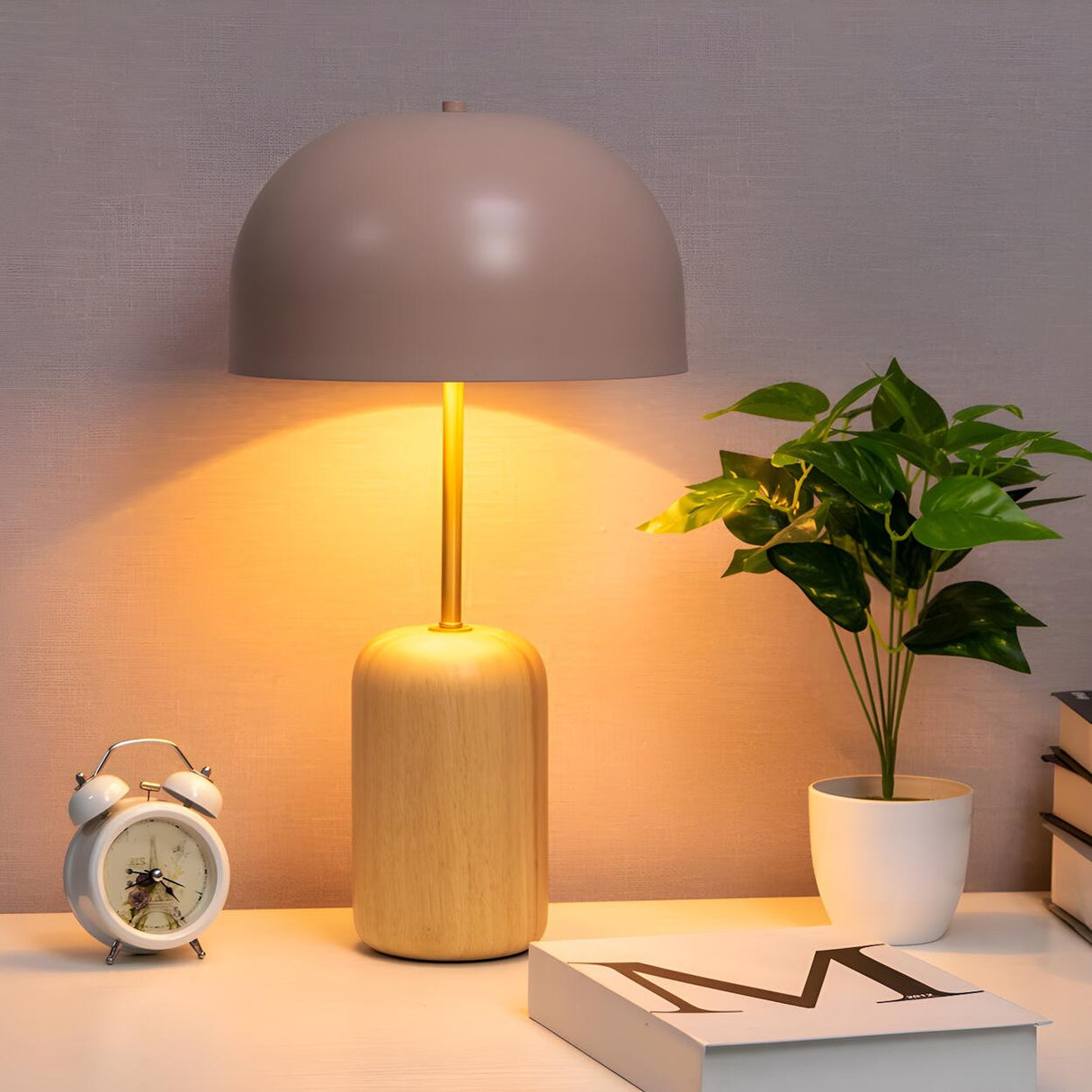 Simple White Dome Cylindrical Wooden Base Table Lamp Image - 3