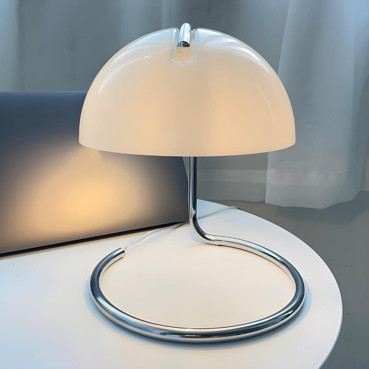 Simple White Dome Shade Ring Chrome Base Table Lamp Image - 3