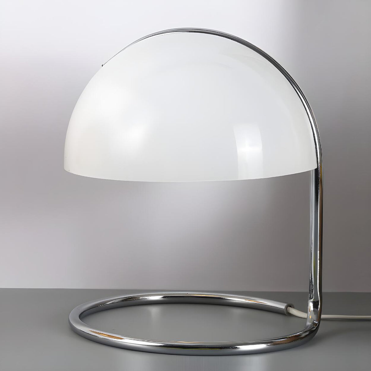 Simple White Dome Shade Ring Chrome Base Table Lamp Image - 6