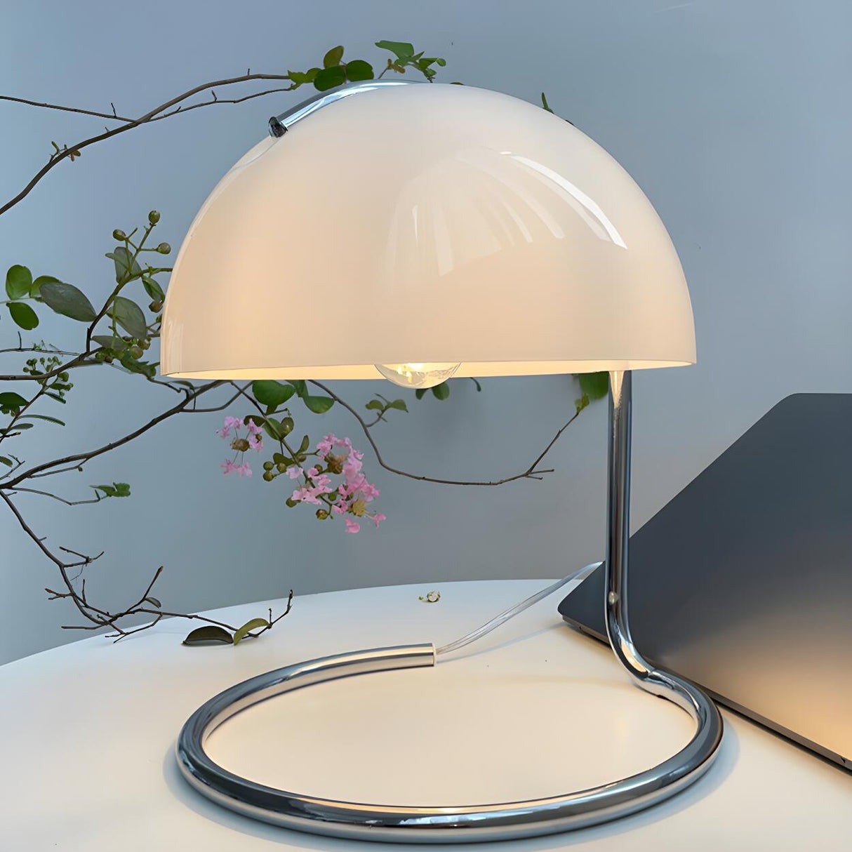 Simple White Dome Shade Ring Chrome Base Table Lamp Image - 9