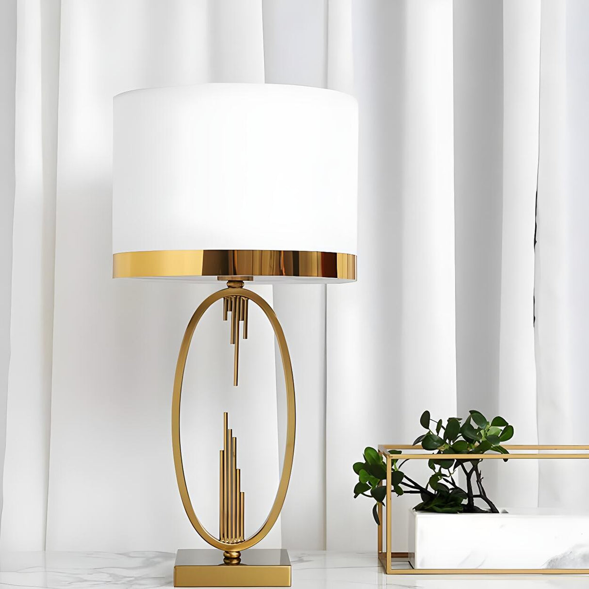 Simple White Fabric Shade Gold Oval Frame Table Lamp Image - 4