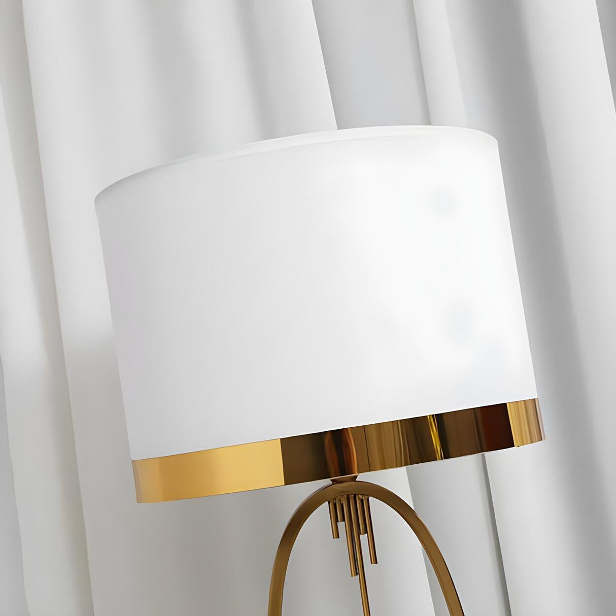 Simple White Fabric Shade Gold Oval Frame Table Lamp Image - 7