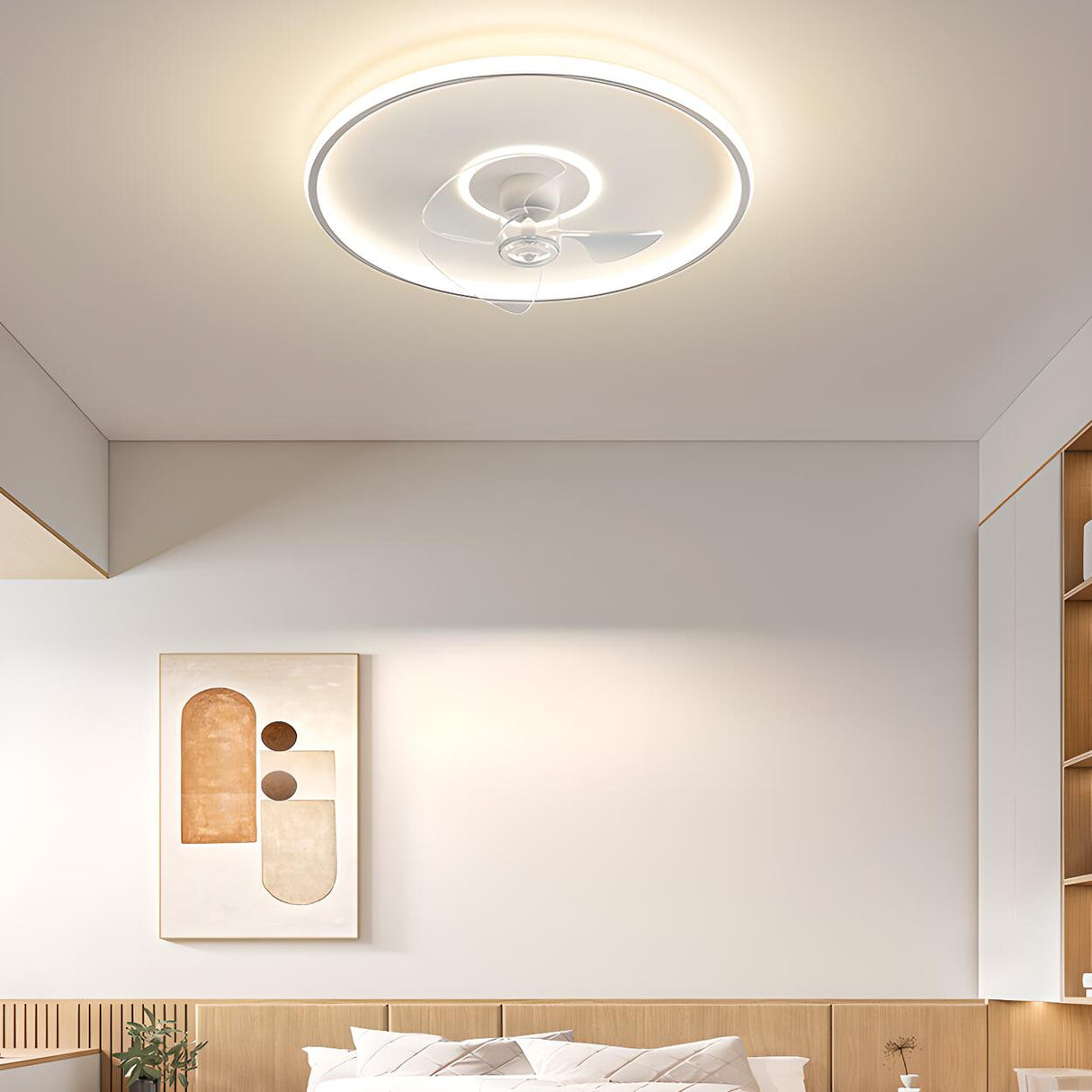 Simple White Flush-Mounted Dimming Ceiling Fan Light Image - 4