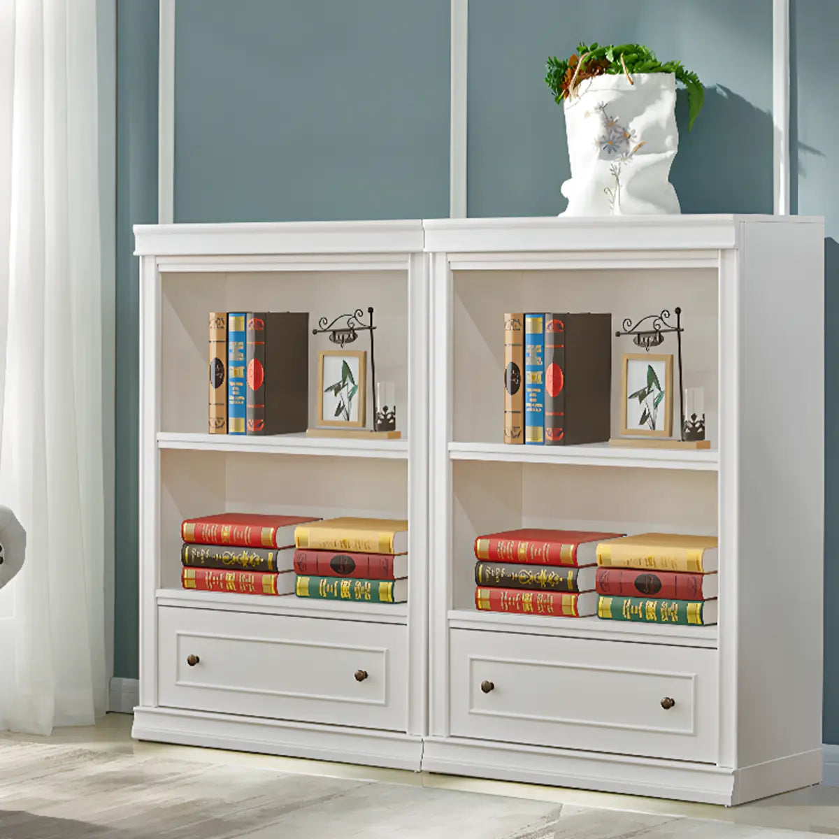 Simple White French Small Wooden Storage Bookcases Image - 5