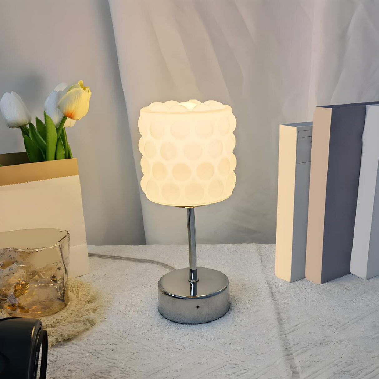 Simple White Glass Bubble Shade Metal Base Table Lamp Image - 1