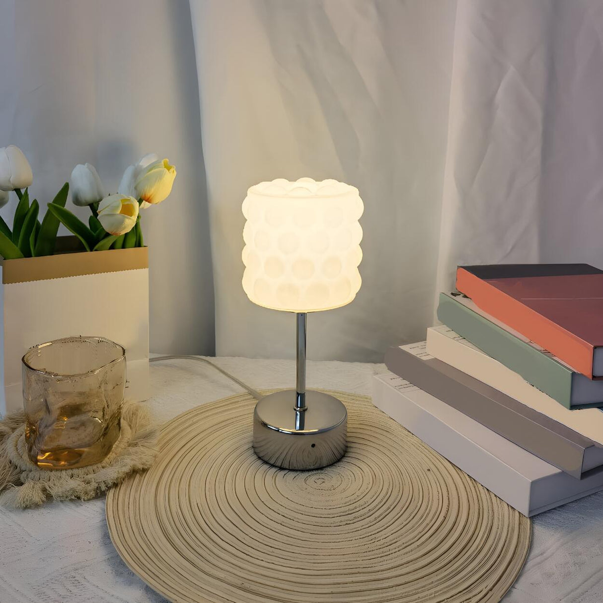 Simple White Glass Bubble Shade Metal Base Table Lamp Image - 2