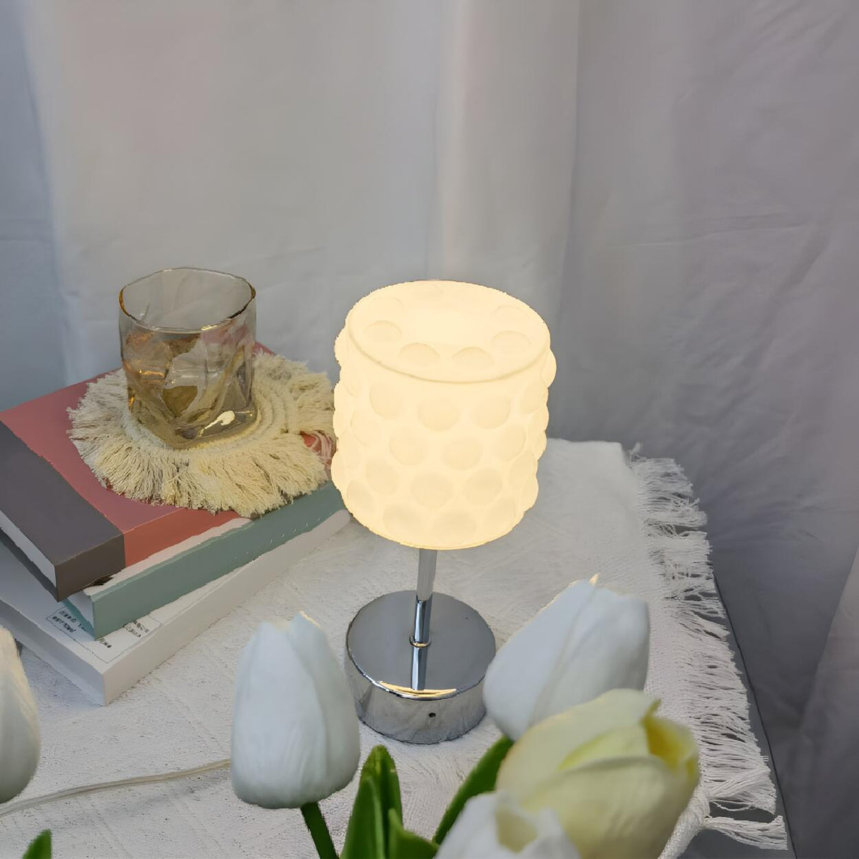 Simple White Glass Bubble Shade Metal Base Table Lamp Image - 3