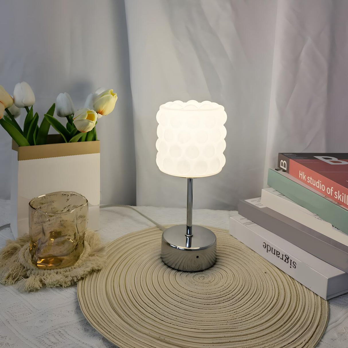 Simple White Glass Bubble Shade Metal Base Table Lamp Image - 8