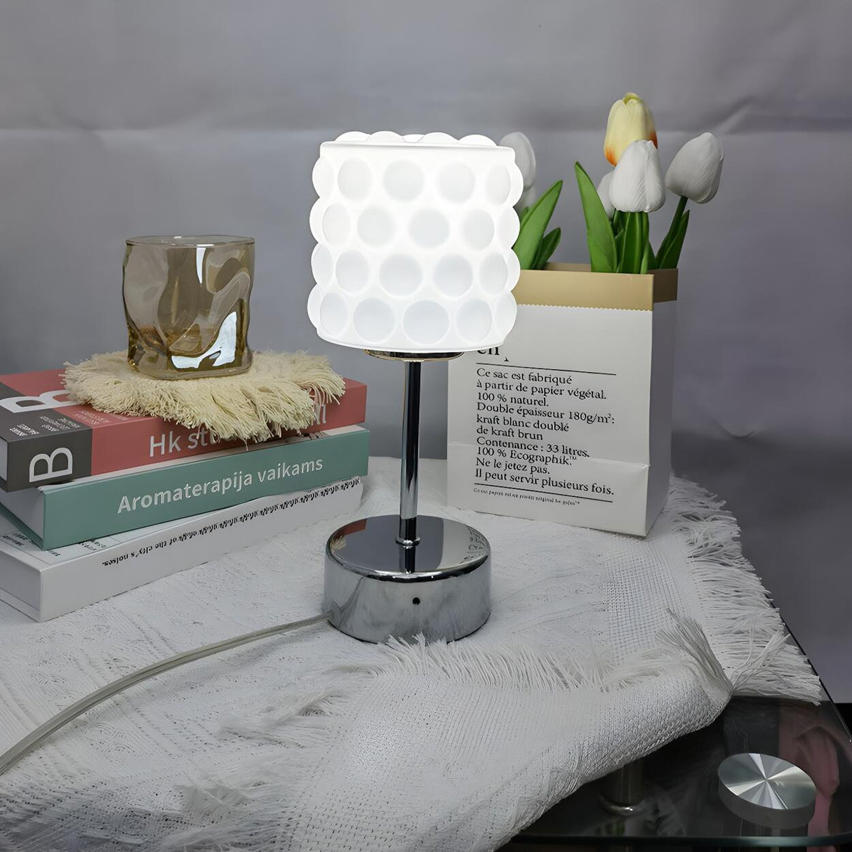 Simple White Glass Bubble Shade Metal Base Table Lamp Image - 9