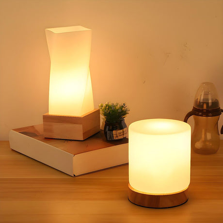 Simple White Glass Shade Wood Base Night Table Lamp Image - 1