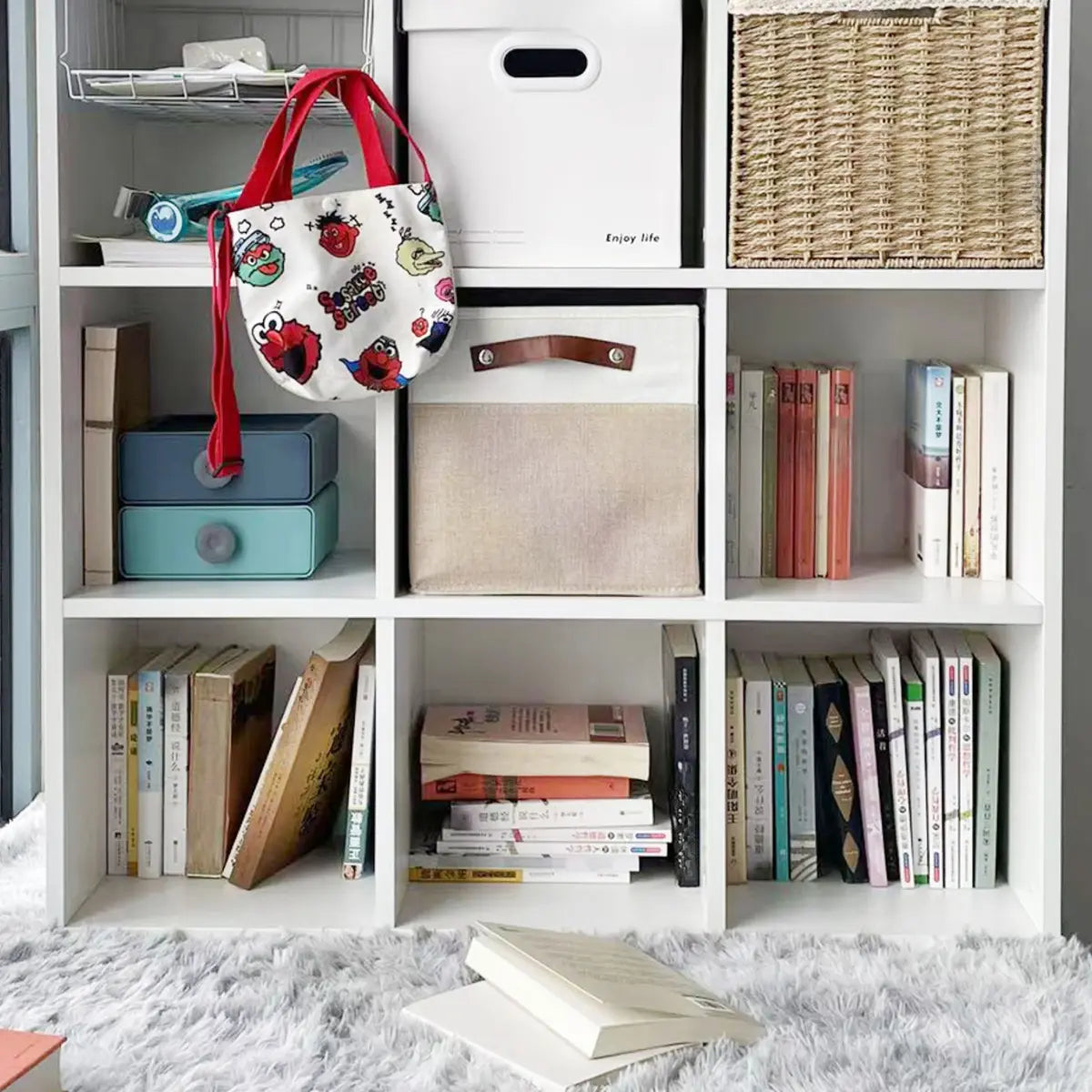 Simple White Horizontal Timber Wide Organizer Bookcase Image - 11