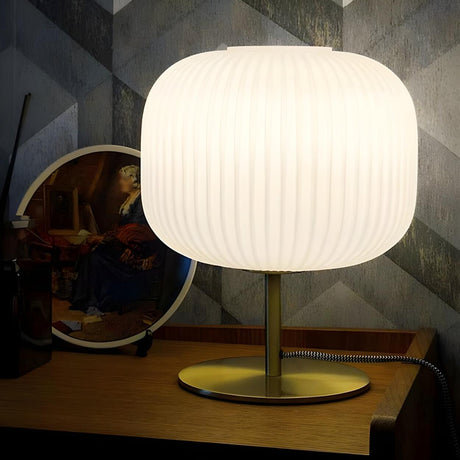 Simple White Lantern Glass Shade Bedside Table Lamp Image - 2