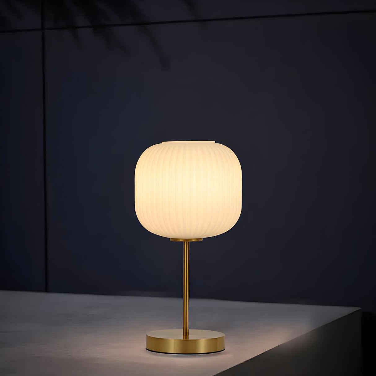 Simple White Modern Glass Lantern Brass Base Table Lamp Image - 2