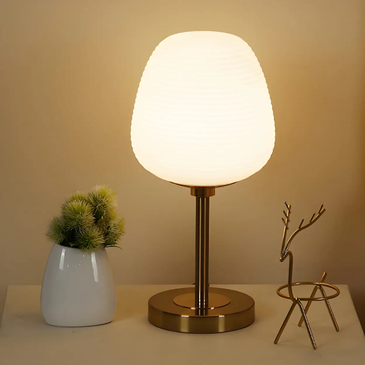 Simple White Oval Glass Lantern Bedside Table Lamp Image - 14