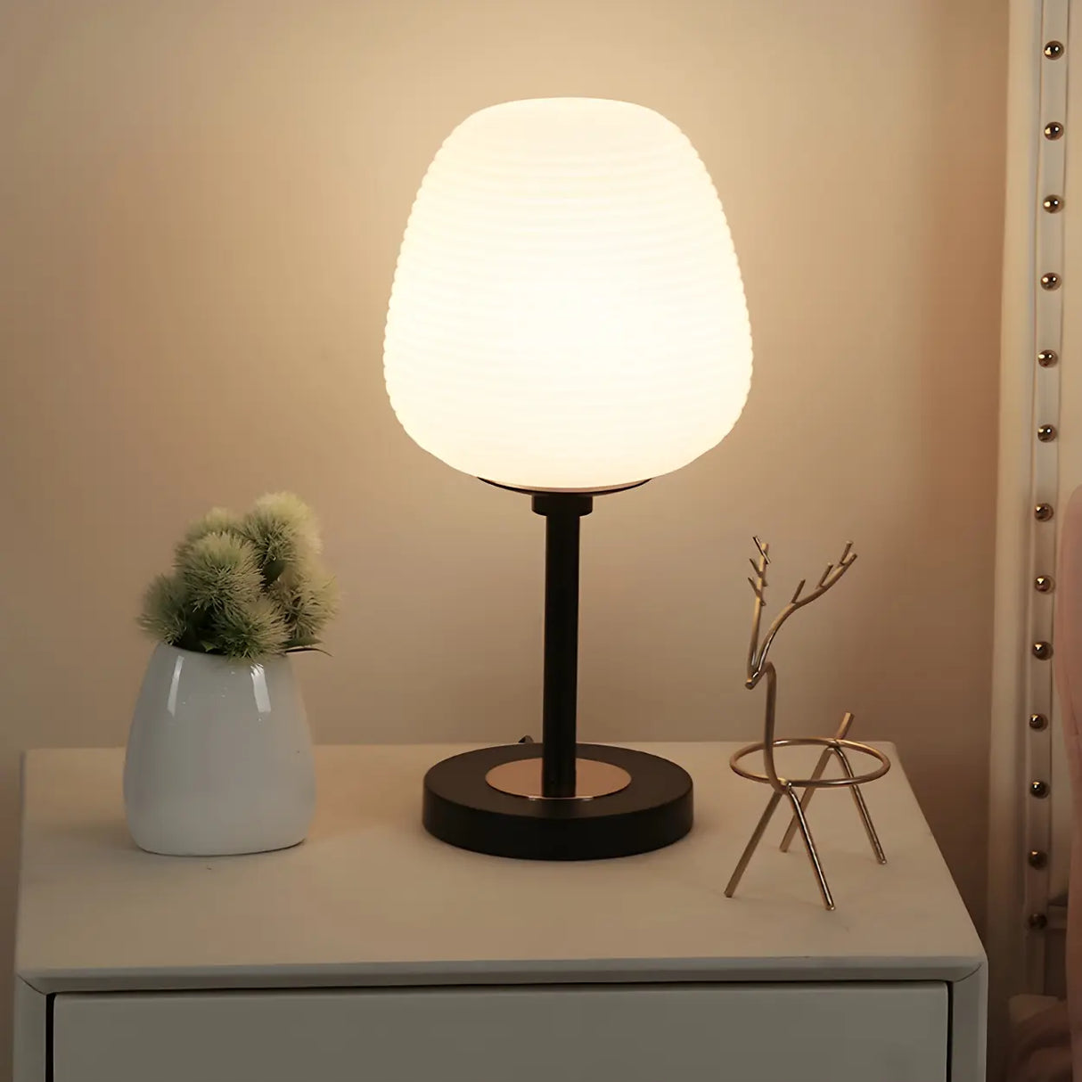 Simple White Oval Glass Lantern Bedside Table Lamp Image - 15