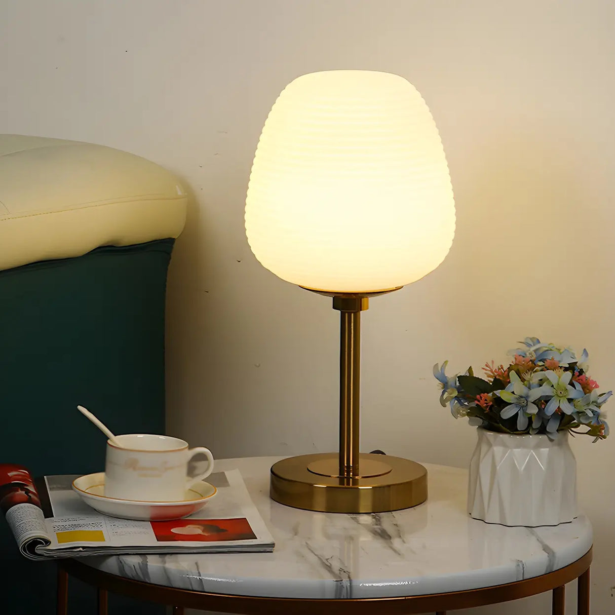 Simple White Oval Glass Lantern Bedside Table Lamp Image - 16