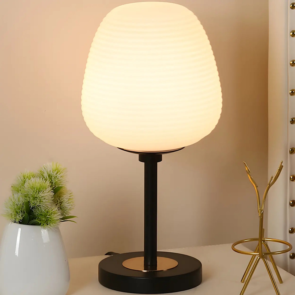 Simple White Oval Glass Lantern Bedside Table Lamp Image - 4