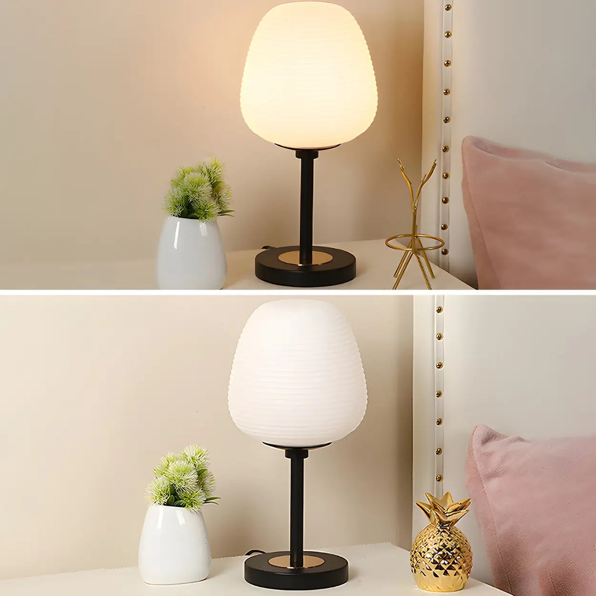 Simple White Oval Glass Lantern Bedside Table Lamp Image - 9