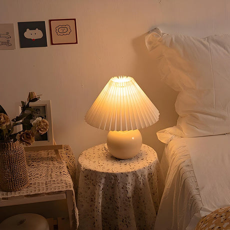 Simple White Pleated Shade Ball Ceramic Base Table Lamp Image - 1