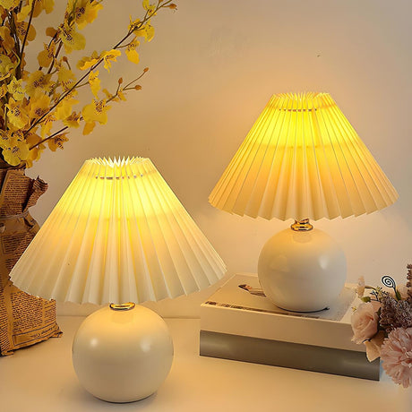 Simple White Pleated Shade Ball Ceramic Base Table Lamp Image - 2