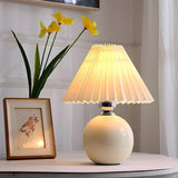 Simple White Pleated Shade Ball Ceramic Base Table Lamp Image - 3