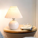 Simple White Pleated Shade Ball Ceramic Base Table Lamp Image - 4