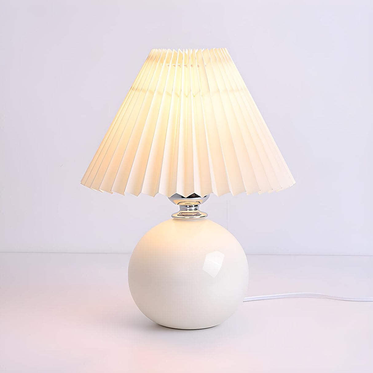 Simple White Pleated Shade Ball Ceramic Base Table Lamp Image - 6