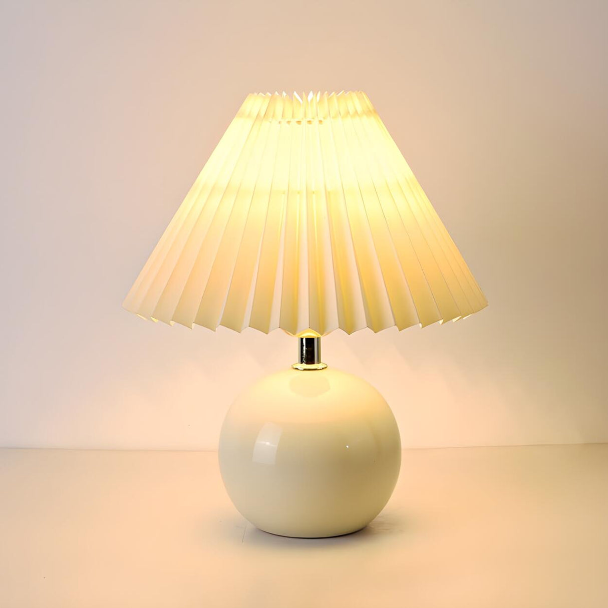 Simple White Pleated Shade Ball Ceramic Base Table Lamp Image - 7