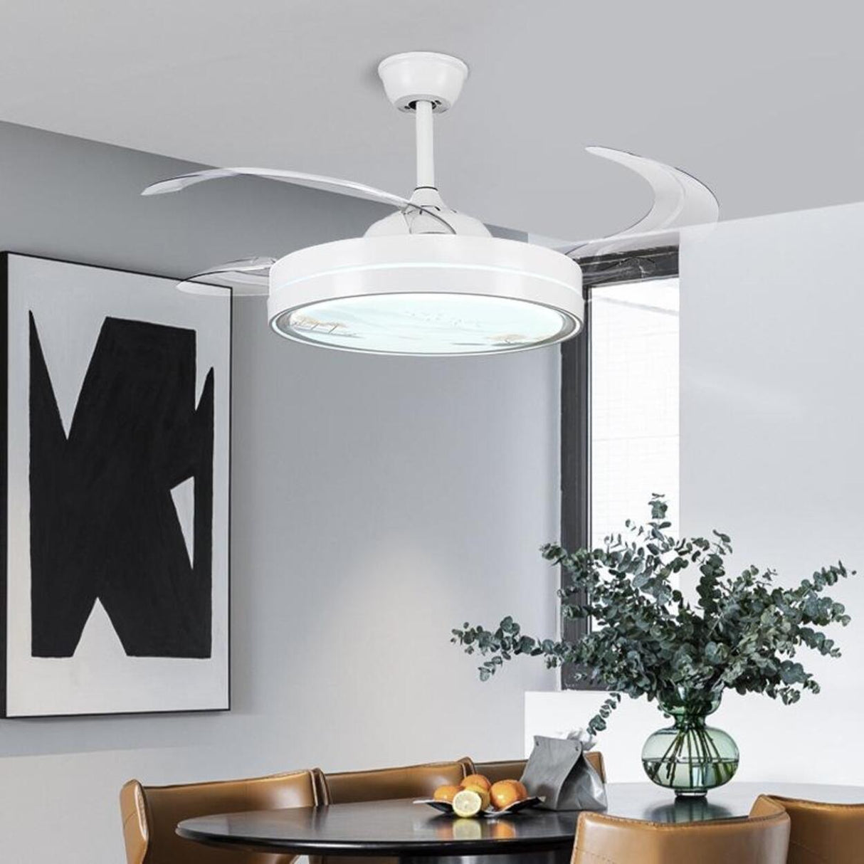 Simple White Retractable 4 Blades Ceiling Fan Light Image - 4