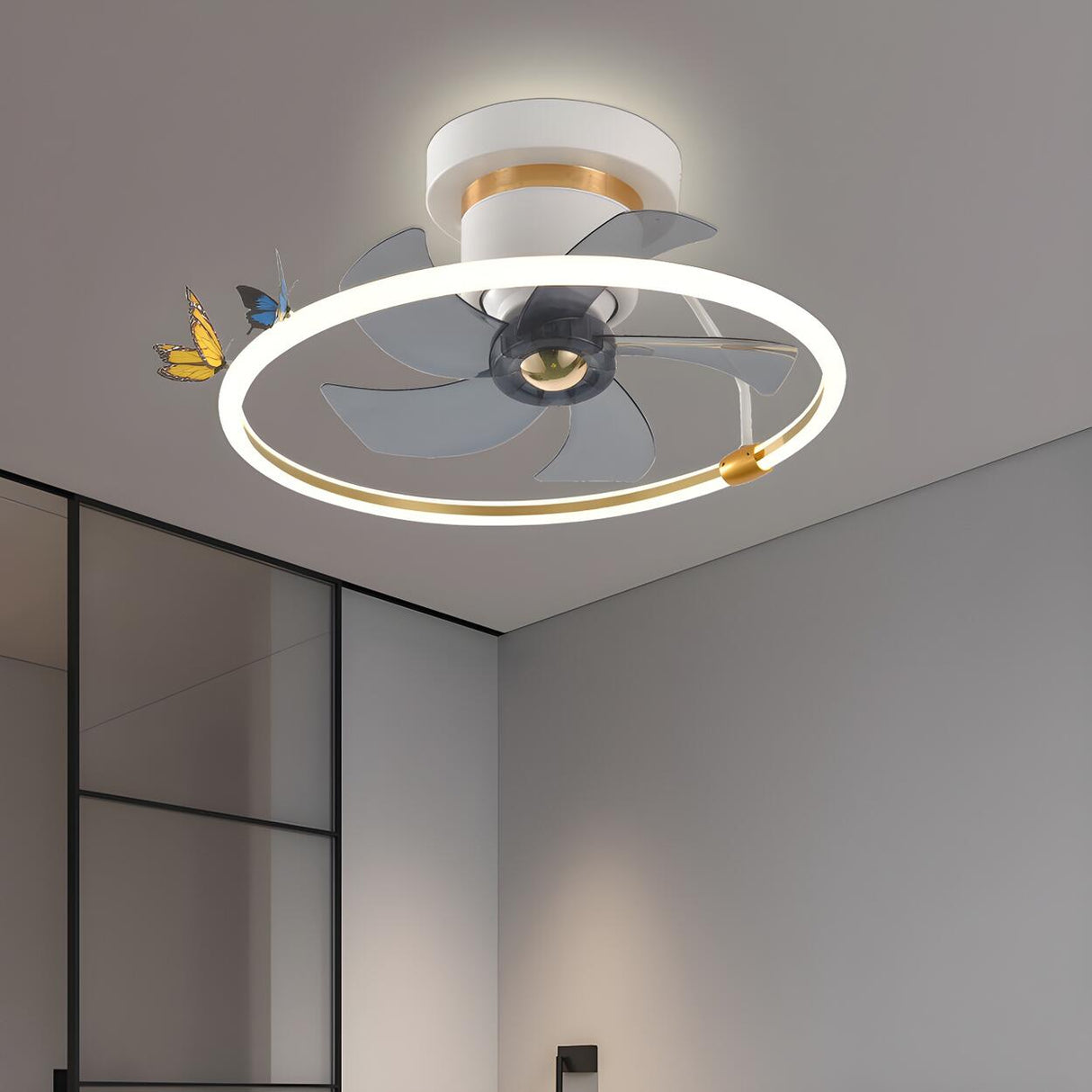 Simple White Ring Butterfly Ceiling Fan with Light Image - 1