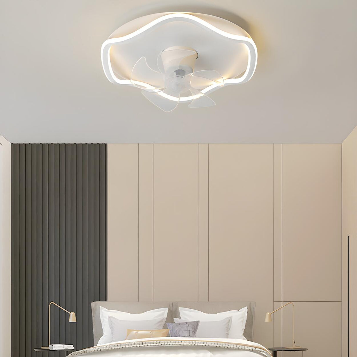 Simple White Round Linear Wave Ceiling Fan with Light Image - 1