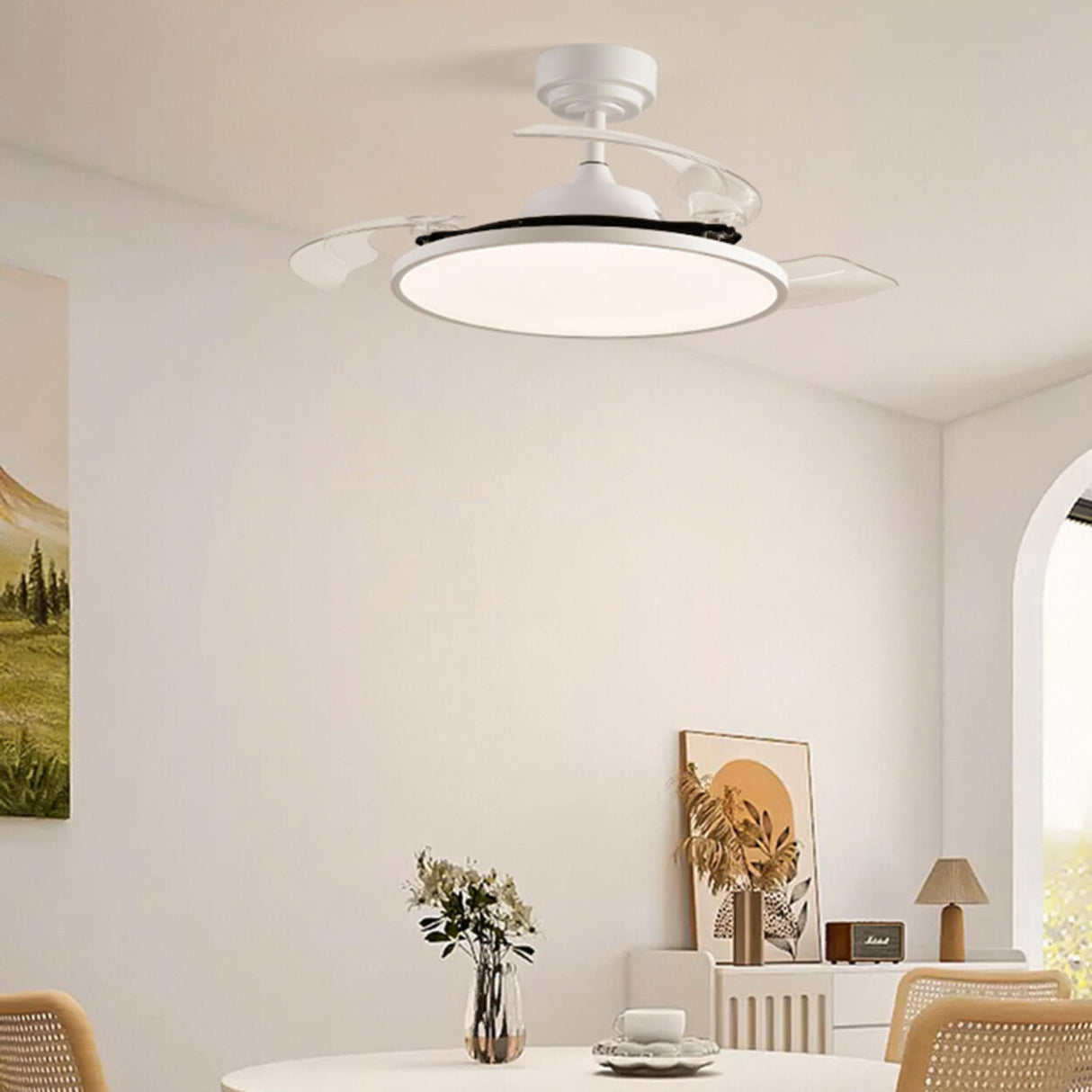 Simple White Round Retractable Blade Ceiling Fan Light Image - 3