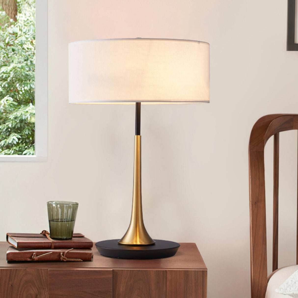 Simple White Sleek Modern Brass Drum Table Lamp Image - 1