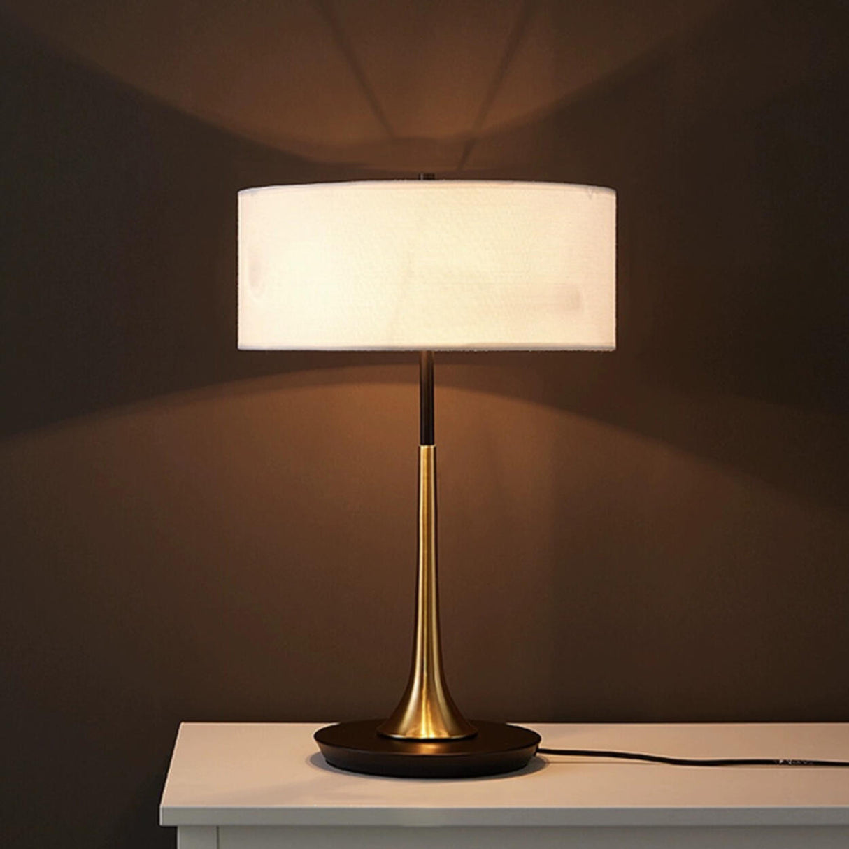 Simple White Sleek Modern Brass Drum Table Lamp Image - 5