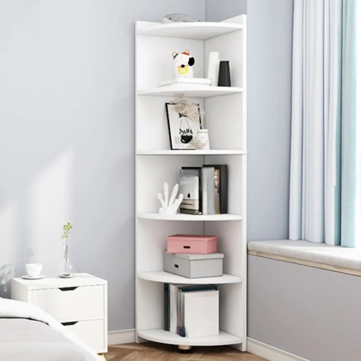 Simple White Wood Corner Vertical Display Bookcase Image - 1