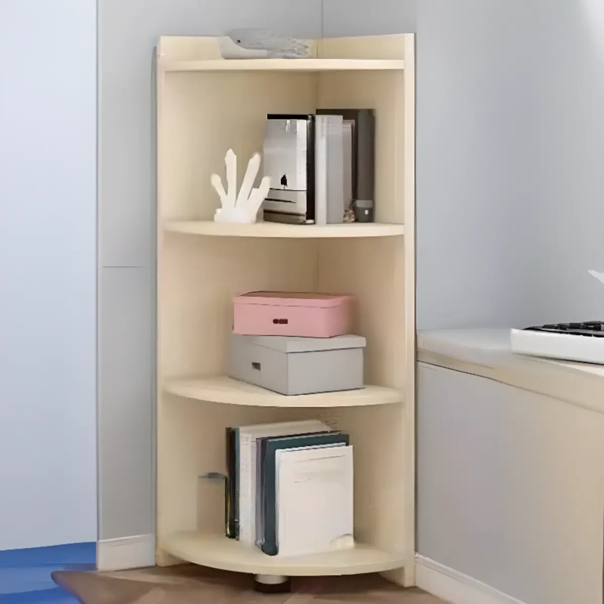 Simple White Wood Corner Vertical Display Bookcase Image - 10