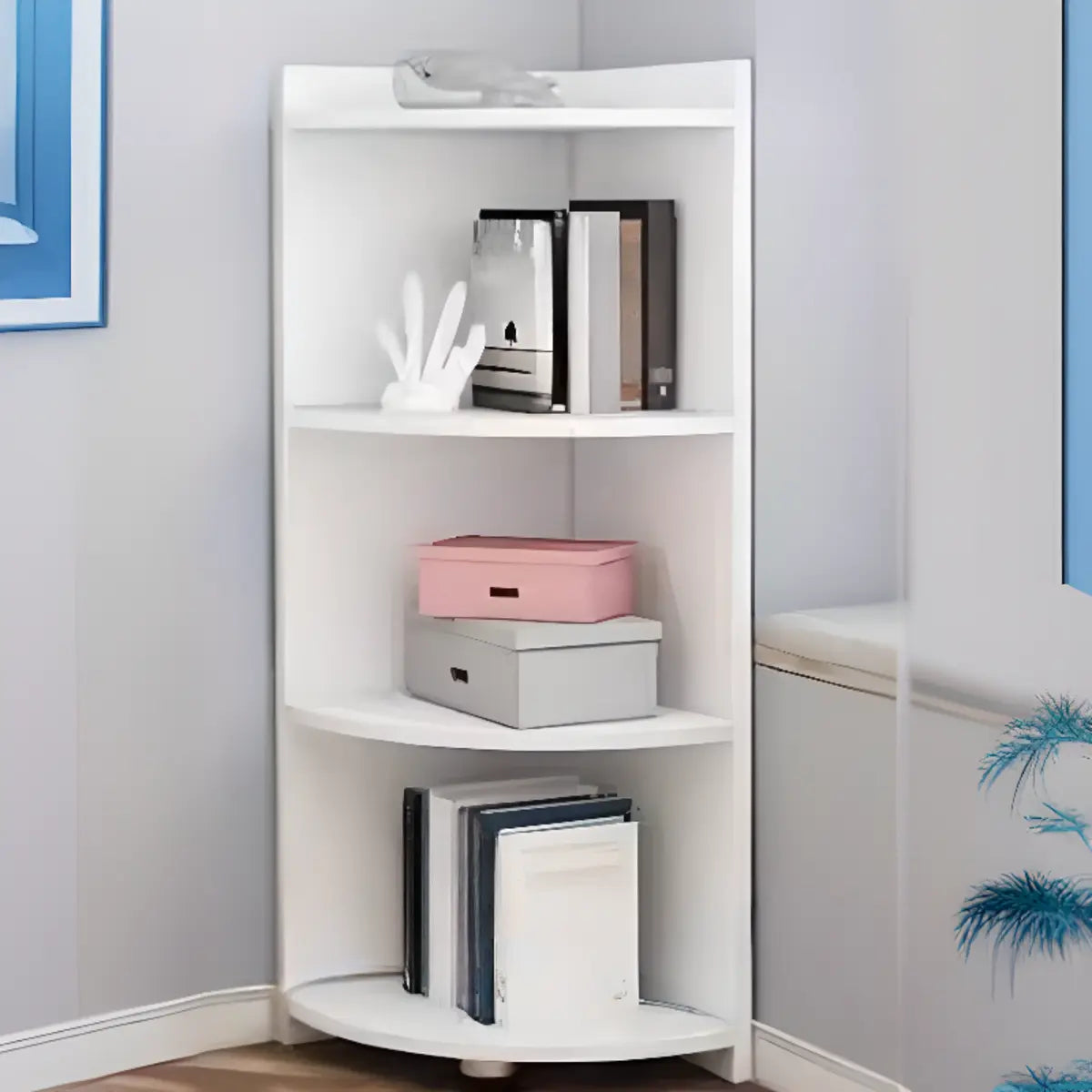 Simple White Wood Corner Vertical Display Bookcase Image - 11