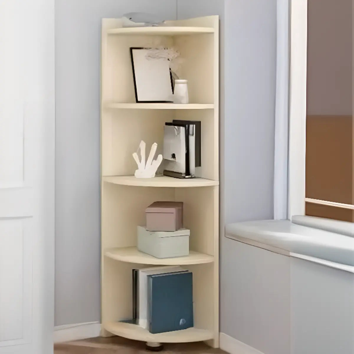 Simple White Wood Corner Vertical Display Bookcase Image - 12